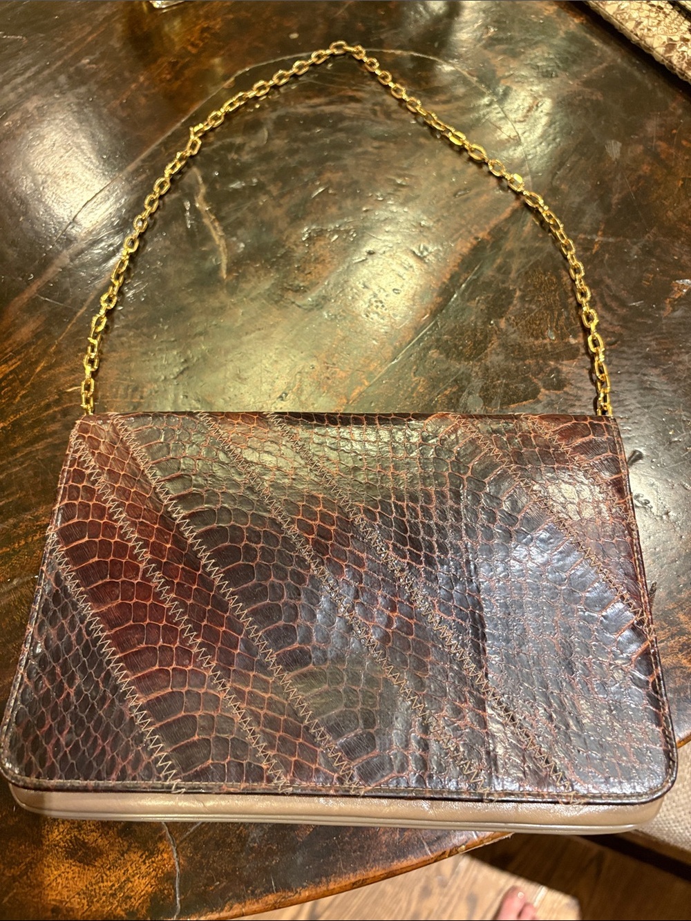 Women’s Brown Textured Leather Shoulder Bag with Gold Chain